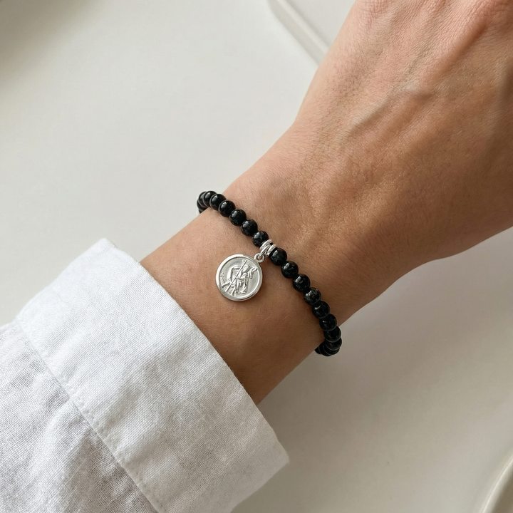 Black Tourmaline & Sterling Silver Saint Christopher Bracelet
