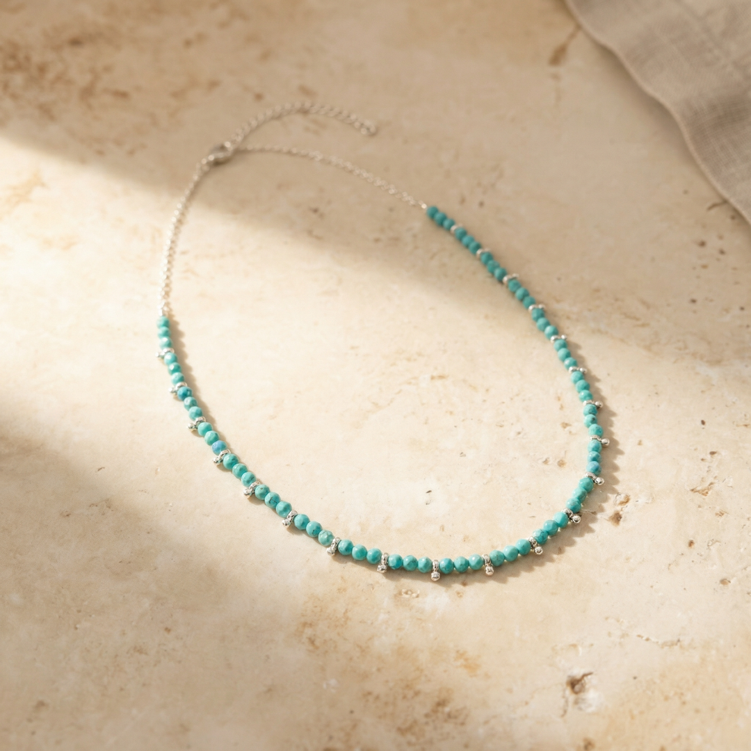 Turquoise Beaded Necklace – Silver Accent Crystal Necklace
