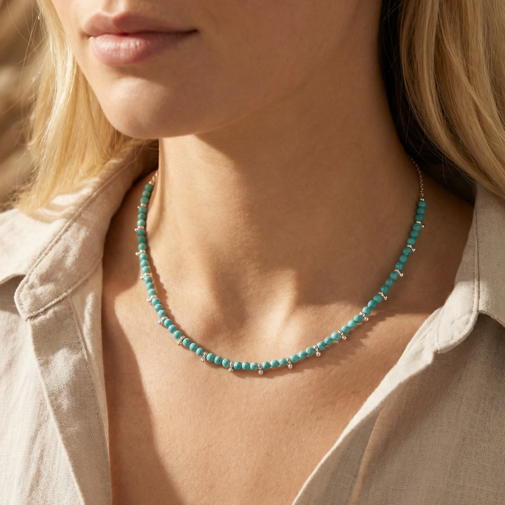 Turquoise Beaded Necklace – Silver Accent Crystal Necklace