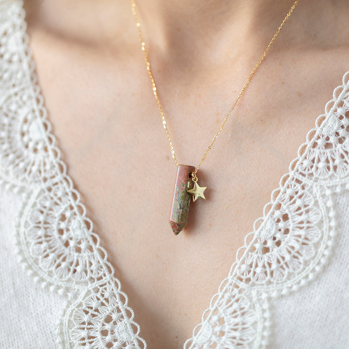 Unakite Point Pendant Necklace with Star