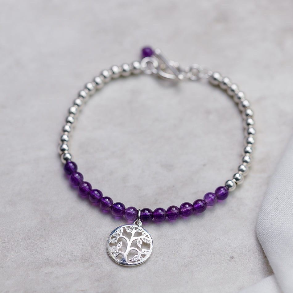 Amethyst and Sterling Silver Bracelet with Silver Tree of Life Charm