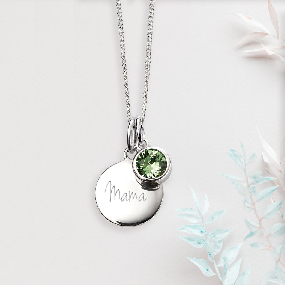 Personalised Jewellery - Silver Disc with Engraved Name and Swarovski Crystal for August Birthstone