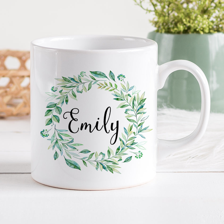 Personalised Mug with Botanical Wreath Design