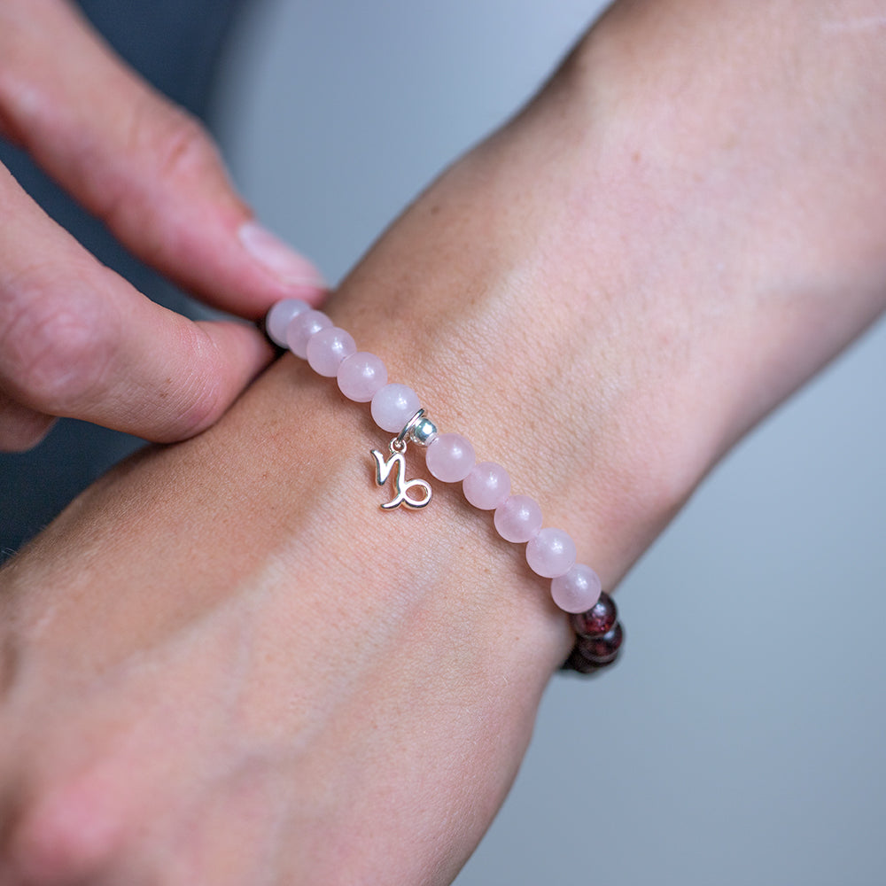 Capricorn birthstone bracelet with Rose Quartz and Garnet crystals 6mm