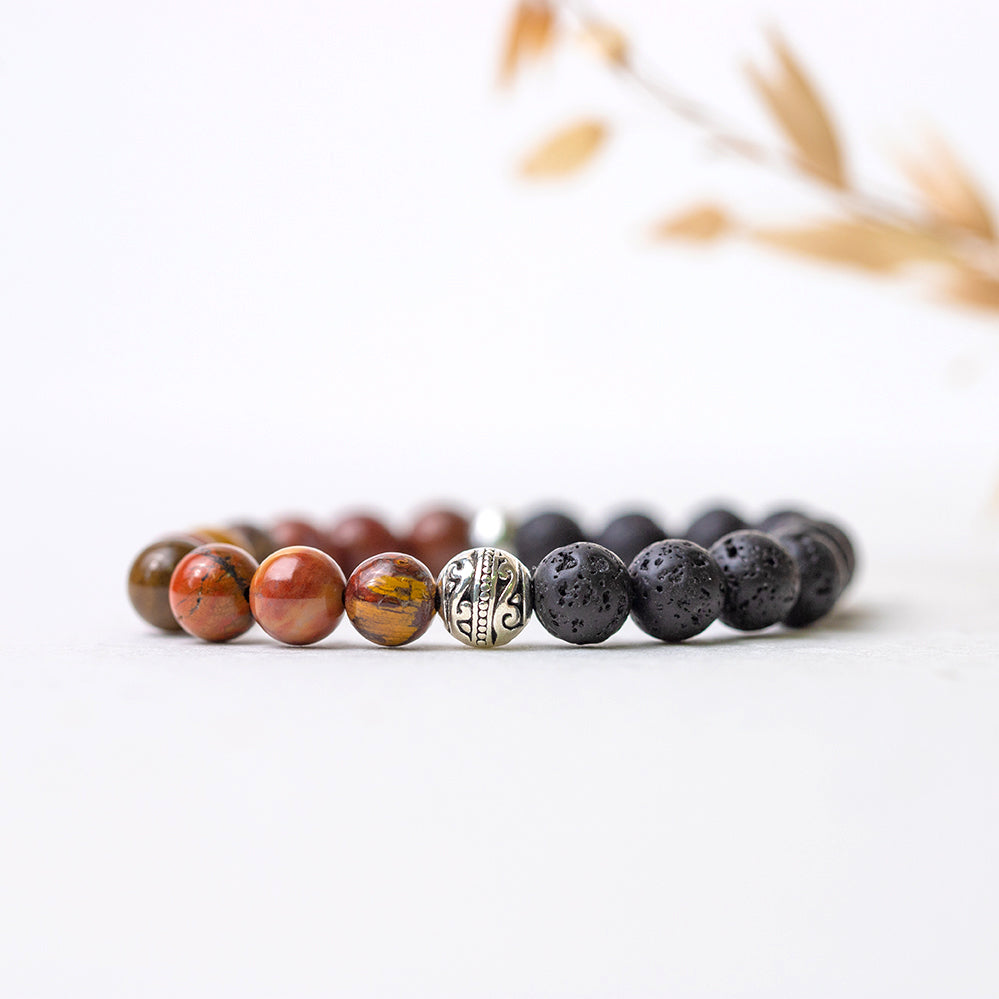 Gemstone Bracelet - Lava Stone and Petrfield Wood Beads 8mm