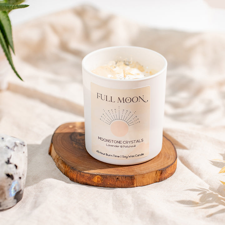 Full Moon Candle with Moonstone Crystals