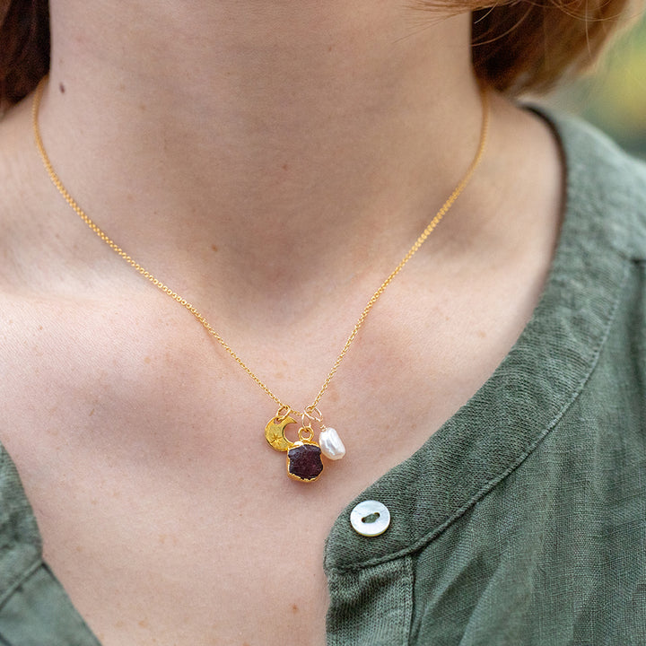 Ruby Crescent Moon Charm Necklace (July Birthstone) - Djuna Studios