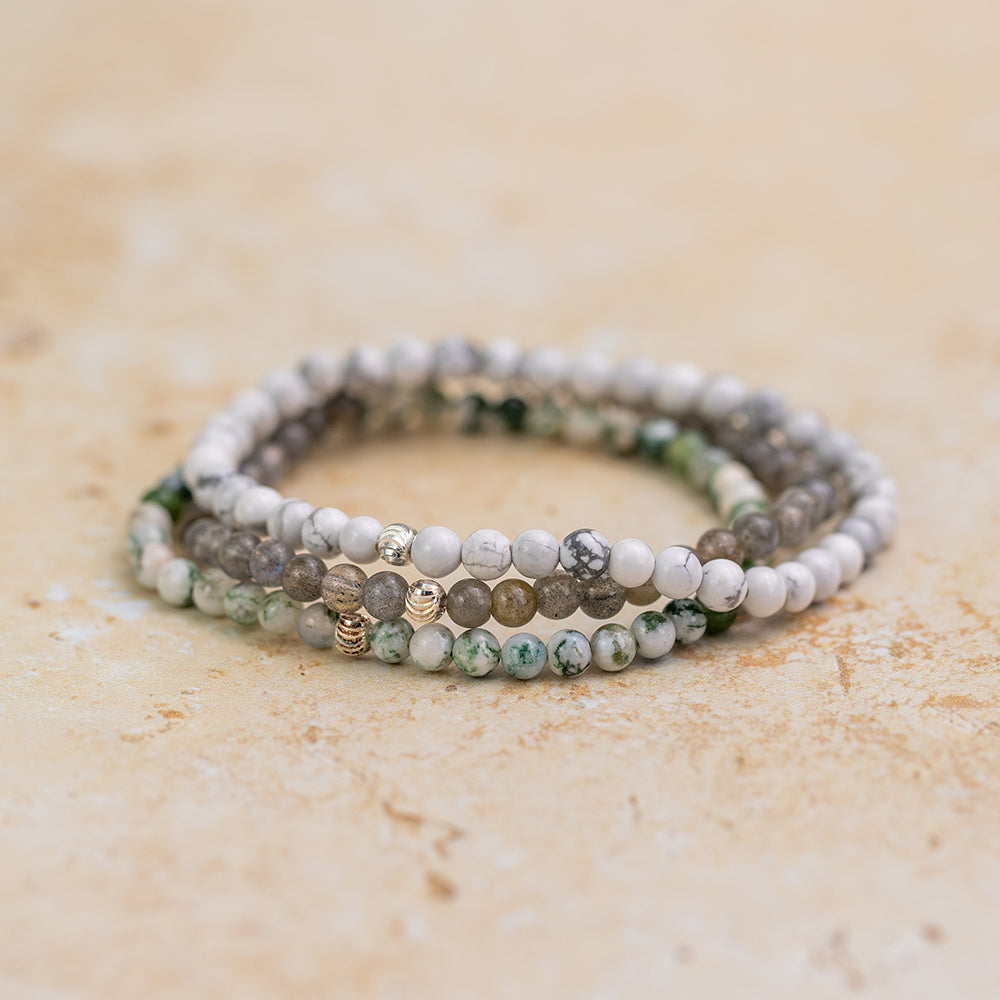 Crystal Healing Bracelet Set for Meditation - Includes White Howlite, Labradorite and Tree Agate Crystals