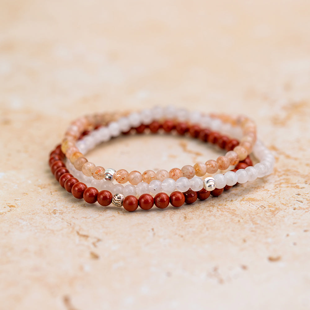 Crystal Healing Bracelet Set with Red Jasper, Rainbow Moonstone and Sunstone Crystals - Stretch Elastic Bracelet with Sterling Silver Accents