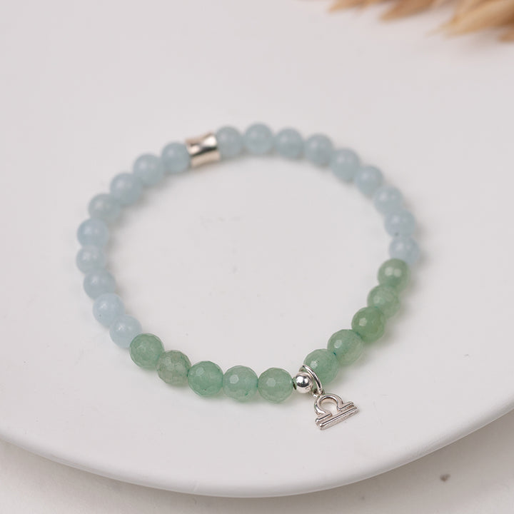 Libra Birthstone Braclet with aventurine and aquamarine gemstone beads with sterlingn silver Libra charm