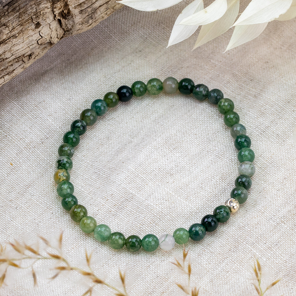 Crystal Bracelets - Moss Agate with Sterling Silver Bead