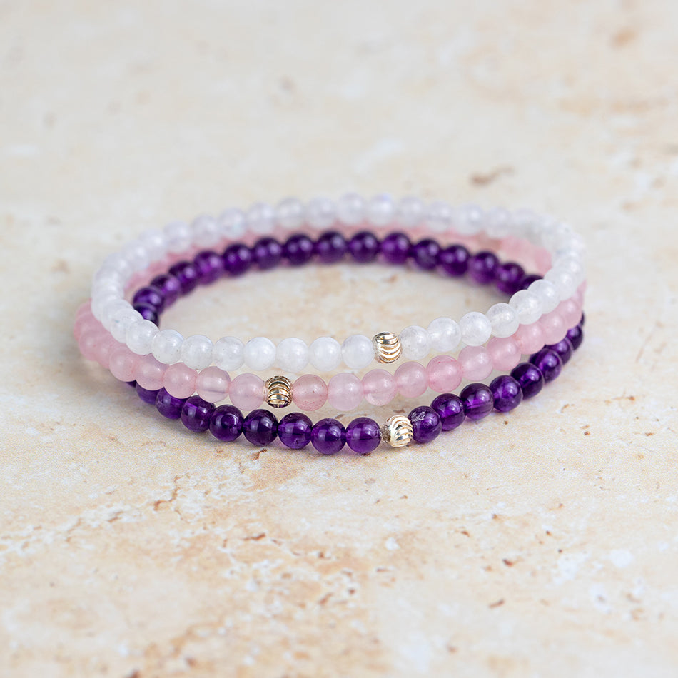 Gemstone Bracelet Set with Rose Quartz, Amethyst and Rainbow Moonstone Crystals for Energy and Healing
