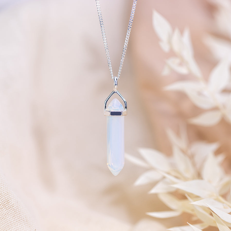 Opalite Crystal Point Pendant on Sterling Silver Chain