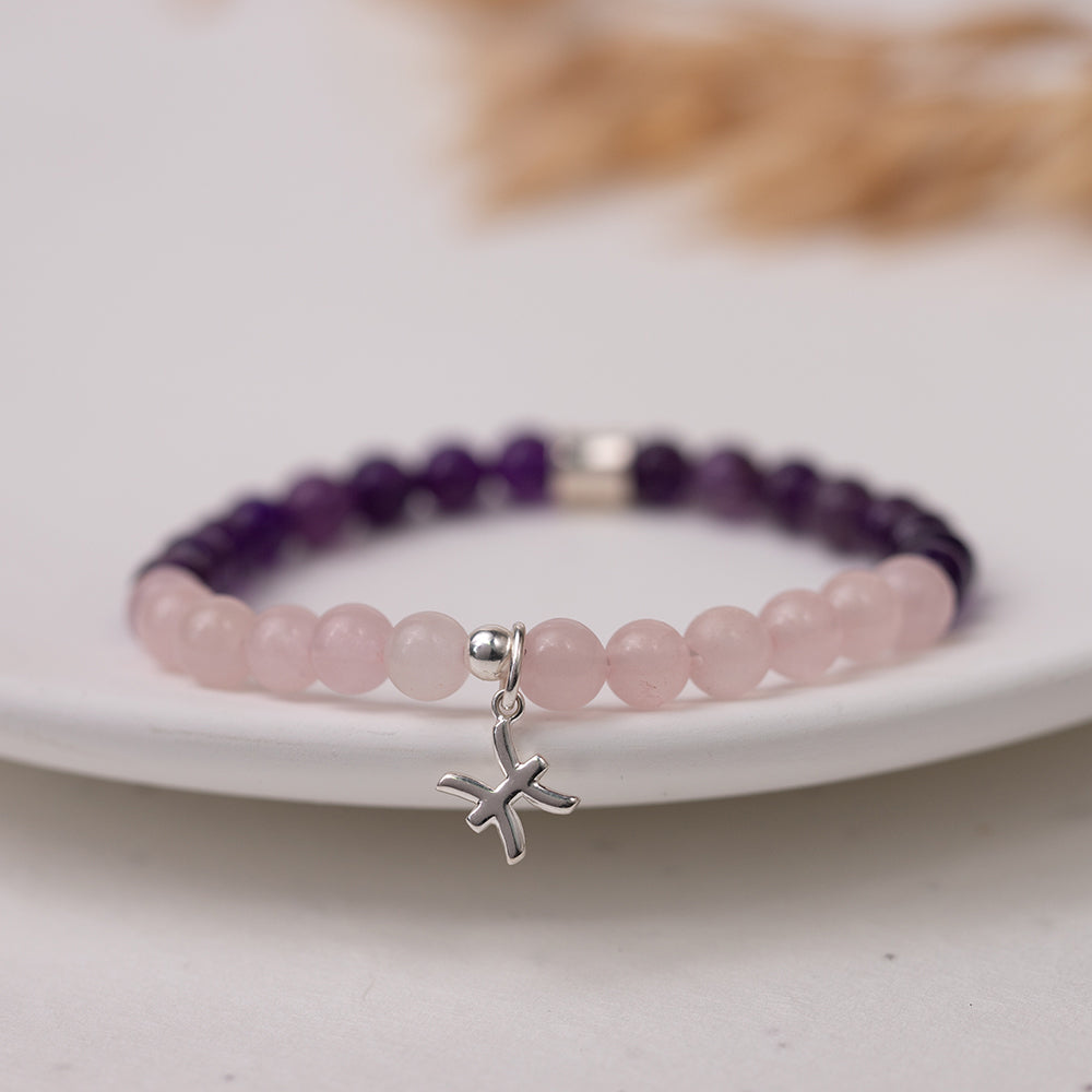 Pisces Birthstone Gemstone Bracelet with Amethyst and Rose Quartz crystals with sterling silver pisces charm