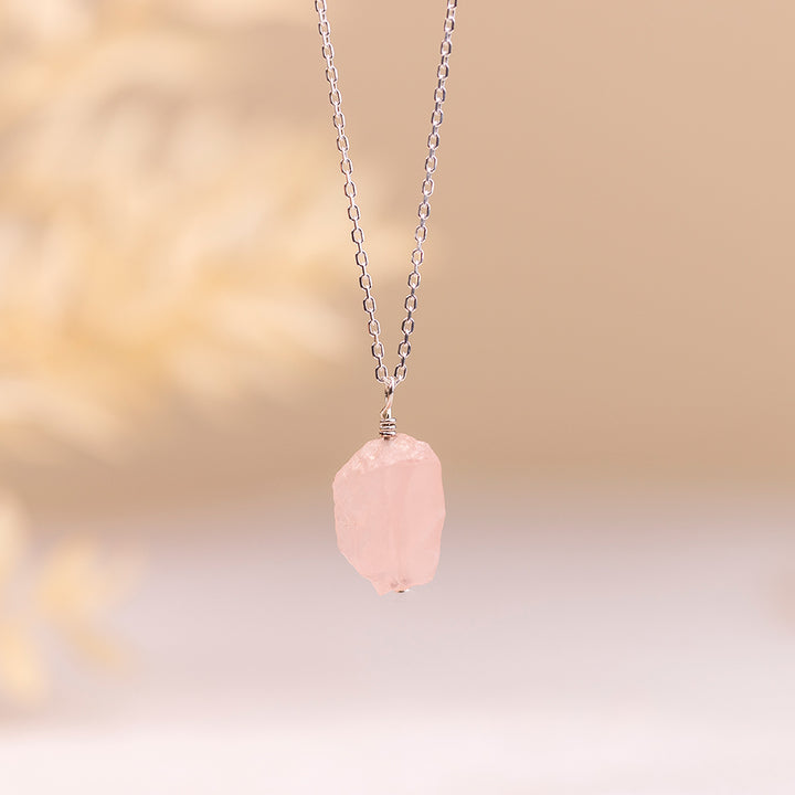 Raw Rose Quartz Necklace with Threaded Pendant