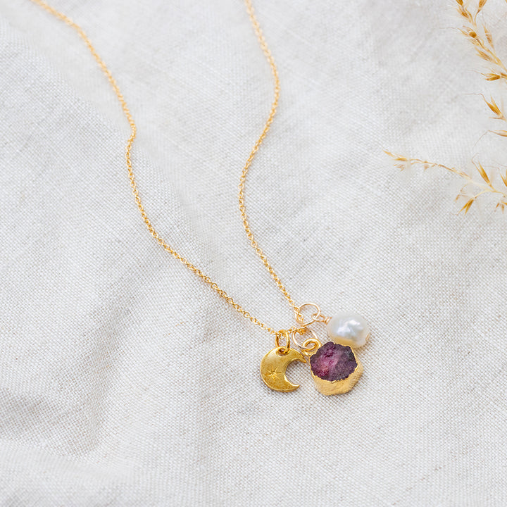 Ruby Crescent Moon Charm Necklace (July Birthstone) - Djuna Studios