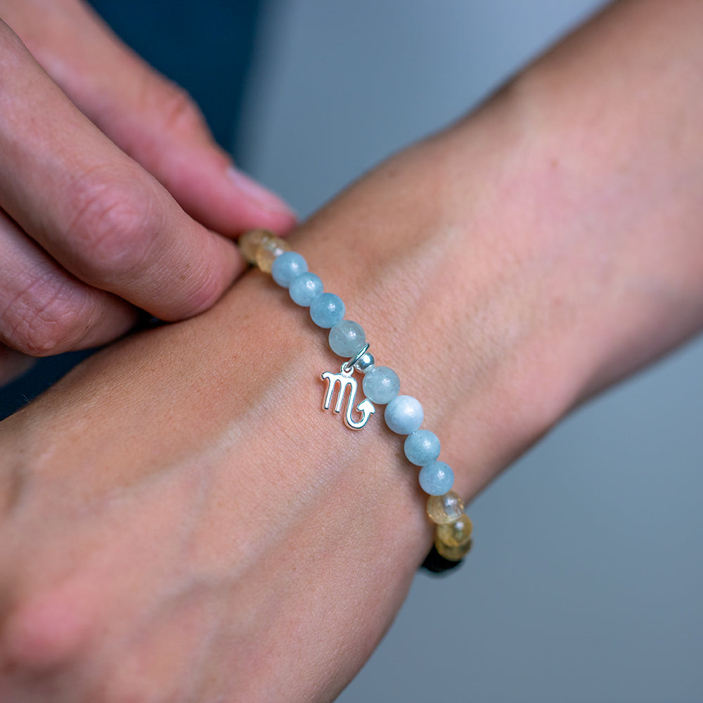 Scorpio birthstone bracelet with 6mm gemstone beads and sterling silver Scorpio charm
