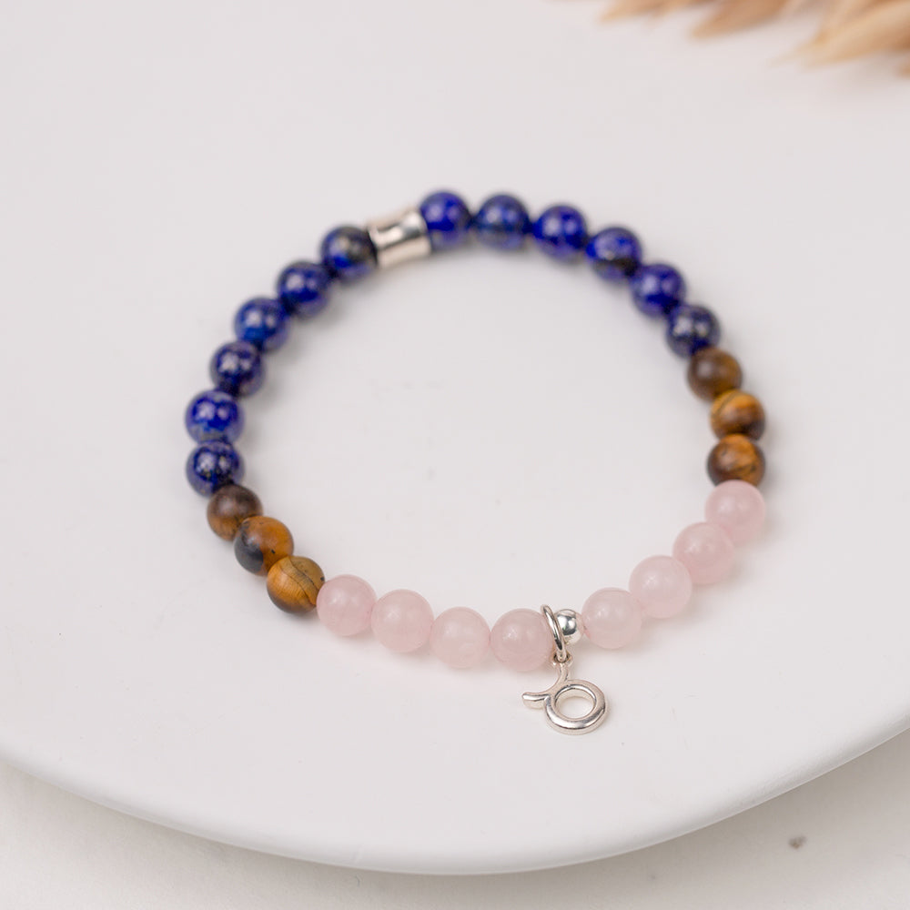 Birthstone bracelet for Taurus with Lapis Lazuli, Tiger's Eye and Rosequartz gemstones 6mm